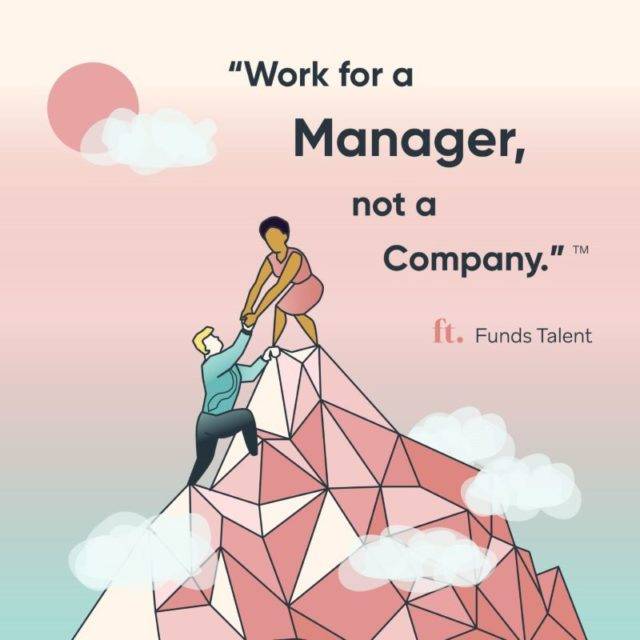 Dark skinned female manager helping a pale skinned man climb up a mountain with quote above.